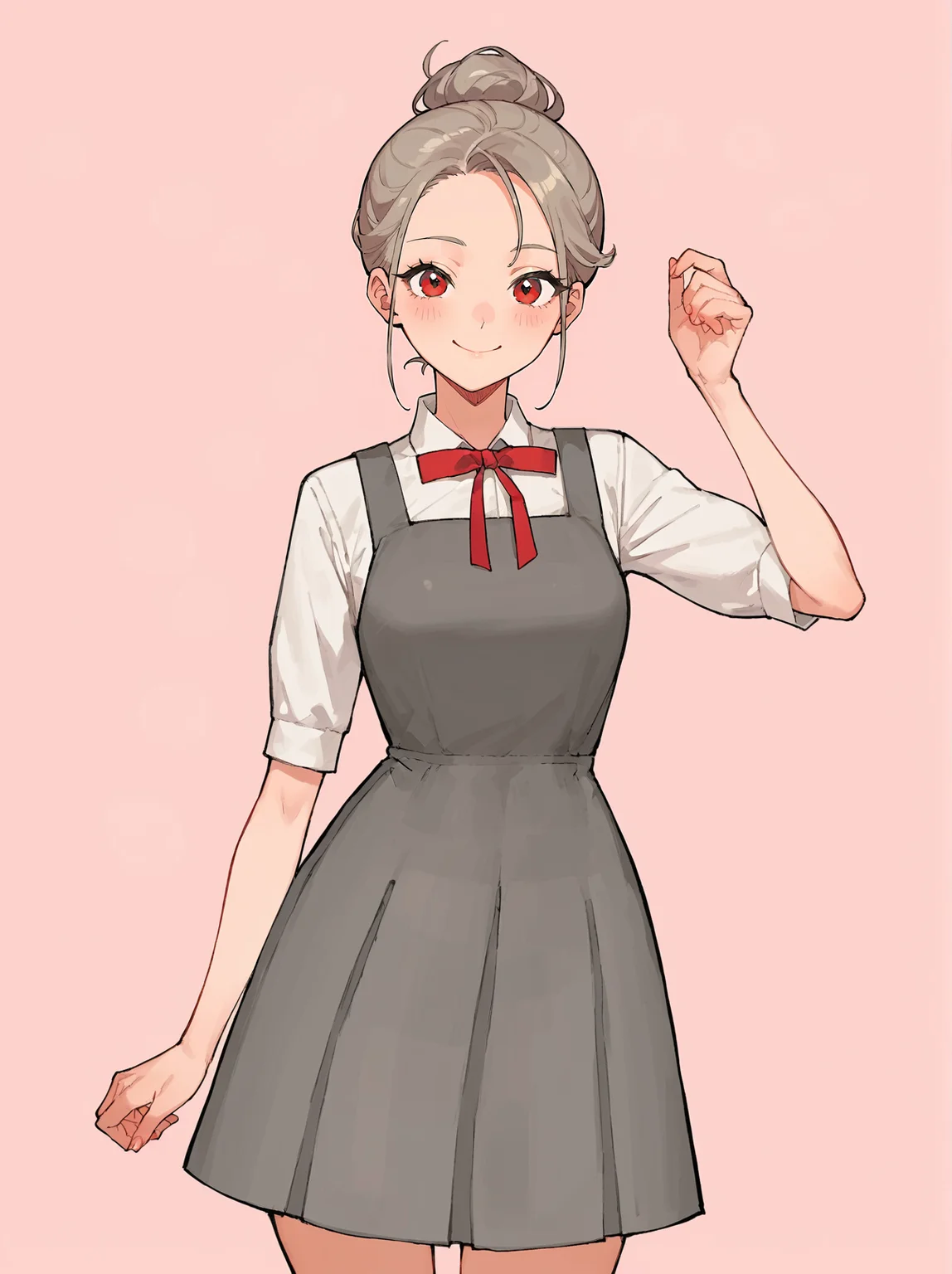 score_8_up, score_7_up, score_6_up, source_anime, 1girl, solo, simple background, pink background,
standing, pose, contrapposto, arched back, cowboy shot, facing viewer
smile,
pinafore dress, grey dress, red bowtie <lora:Pinafore_Dress:1>