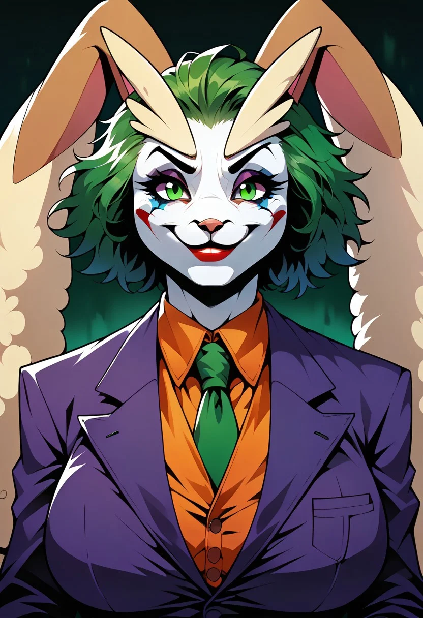 (rating_safe), score_9, score_8_up, score_7_up, score_6_up, score_5_up, <lora:LopunnyPXL:1> lopunnypxl, lopunny, anthro, 1girl, solo, <lora:thejokerXLP:1> the joker, green hair, suit, smile, formal, necktie, gloves, green eyes, clown, huge breasts, clown makeup,