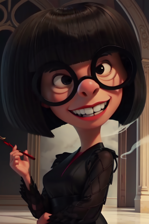 Edna, black bob cut,round black-framed eyewear,black eyes,blunt bangs, solo,  grin, 
upper body,   standing,  black dress, holding smoke pipe, 
large mansion,  windows, 
 (insanely detailed, beautiful detailed face, masterpiece, best quality) cinematic lighting, 
 <lora:Edna:0.8>