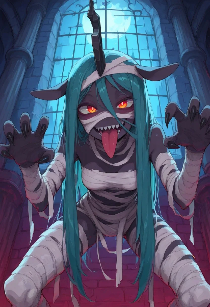 score_9, score_8_up, score_7_up, score_6_up, score_5_up, score_4_up, masterpiece, best quality, high quality, sharp lines, solo, detailed, colourful, castle room, columns, tall window, night,
BREAK, skinny, anthro, small breasts, Queen Chrysalis_\(Mlp\), red glowing pupils, mummy costume, bandages, looking at viewer, wide smile, sharp teeth, tongue out, playful look, claws pose, bent over, from below