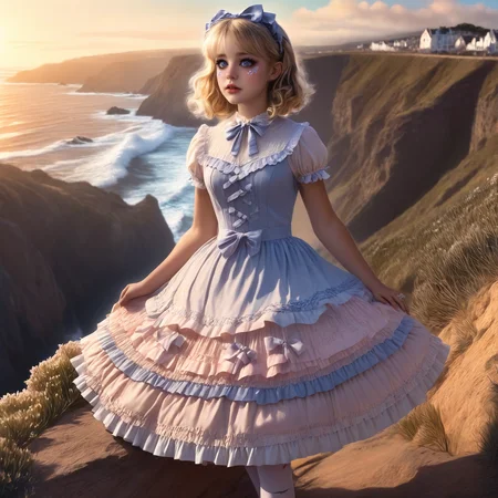 photorealistic, highly detailed Adventure Photo of a girl in a sweetegl dress, exploring a windswept coastal cliff at sunrise, illuminated by the first light, captured from a dramatic cliffside perspective, evoking a sense of wanderlust and excitement. <lora:sweetlolitaxlv3_5:1.0>