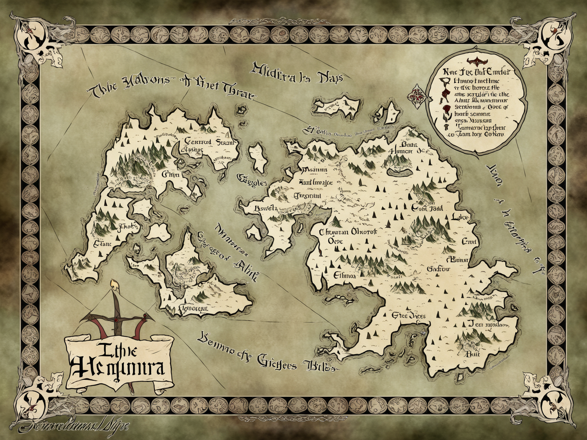 fantasy map of a vast forest, medieval illuminated manuscript, intricate detail, gothic border, gargoyles, demons, undead, bright colorful colors <lora:fantasy map-heavy:0.7>