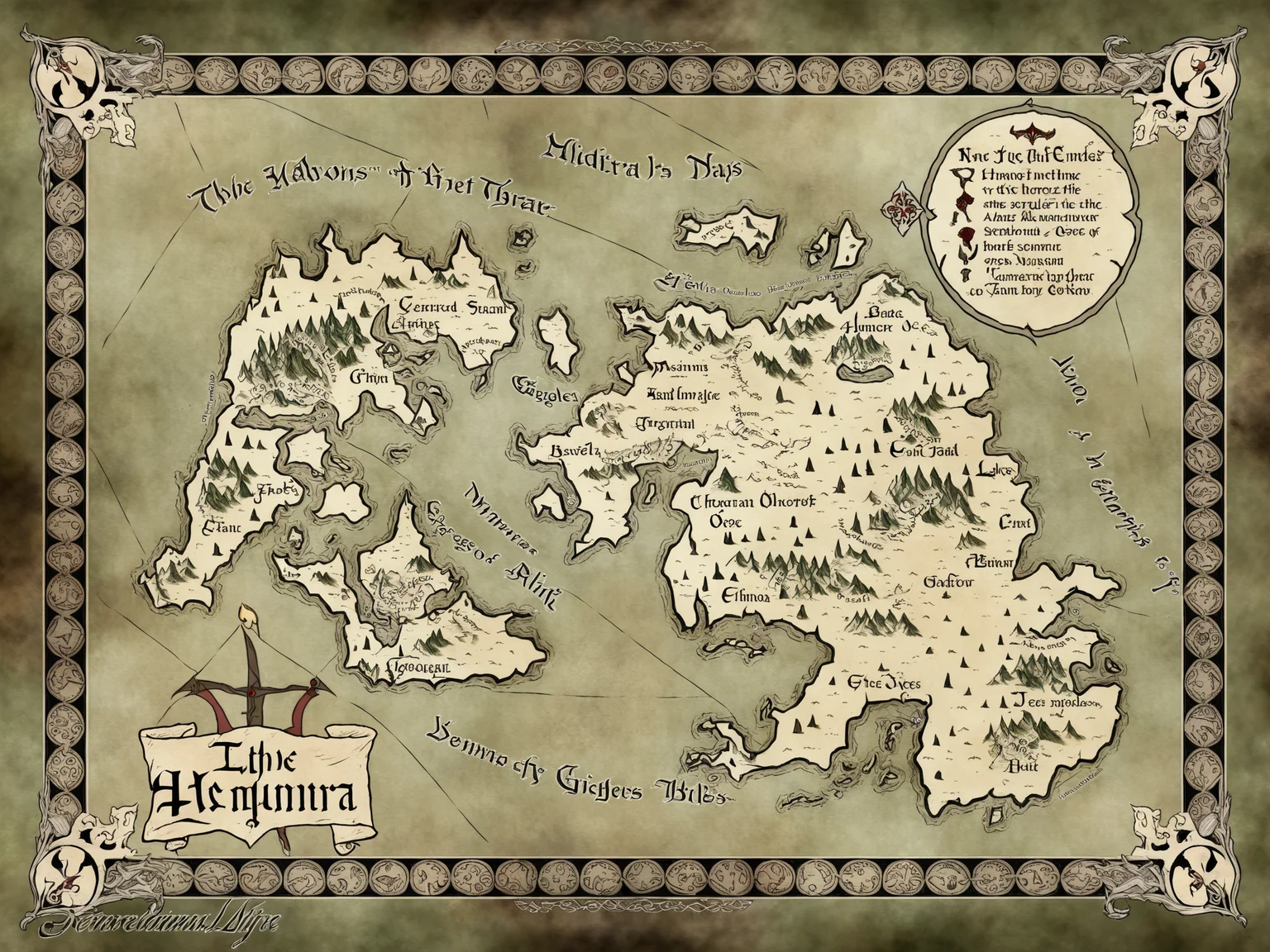 fantasy map of a vast forest, medieval illuminated manuscript, intricate detail, gothic border, gargoyles, demons, undead, bright colorful colors <lora:fantasy map-heavy:0.7>