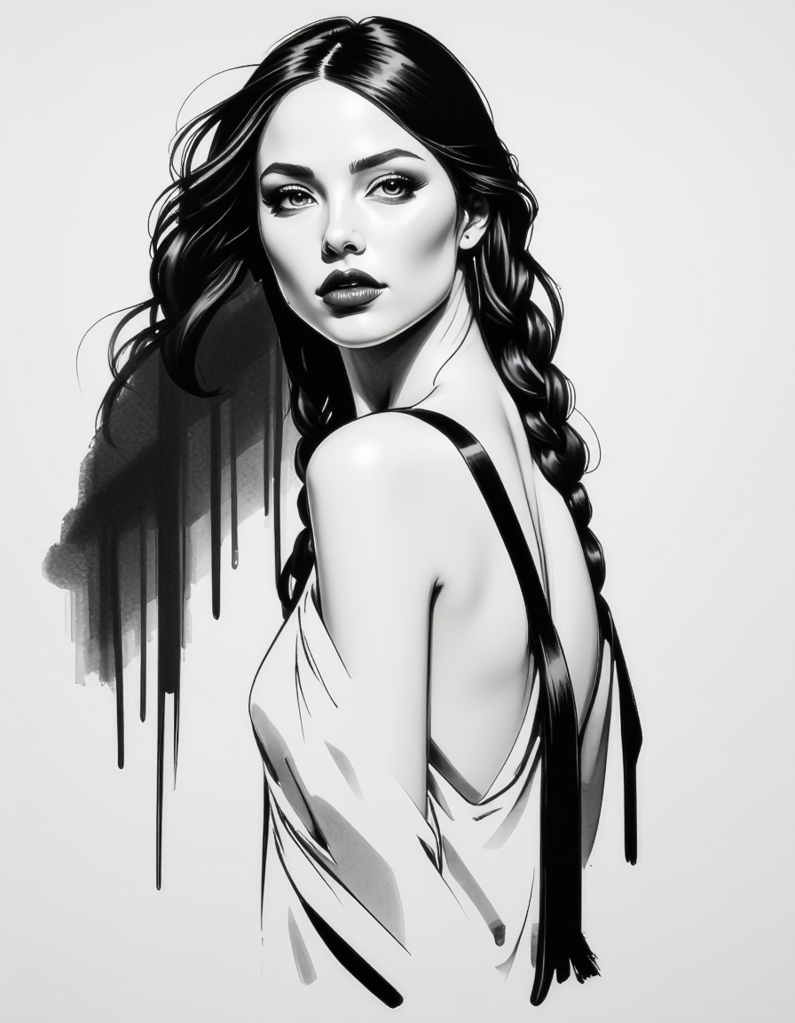 zavy-fnrt , This is a highly detailed, hyper-realistic black and white drawing of a young woman with a striking expression. She has a fair complexion, long, wavy hair styled in two braids that fall over her shoulders, and dark, expressive eyes that gaze directly at the viewer. Her lips are full and painted in a deep, rich shade of red, adding a dramatic contrast to the monochromatic background. She is partially draped in a loose, flowing garment that is rendered with soft, feathery strokes, giving it a delicate, almost ethereal texture. Her physique is slender, and she is posed in a three-quarter view, turning her head slightly to the left. The background is minimalistic and abstract, consisting of soft, smudged lines and gradients that emphasize the subject without distracting from her features. The overall style of the drawing is highly realistic, with meticulous attention to detail in the textures and shadows, creating a sense of depth and realism. The image conveys a sense of intimacy and sensualism. <lora:ck-greasepencil__:1> <lora:Add_More_details_Flux:1>