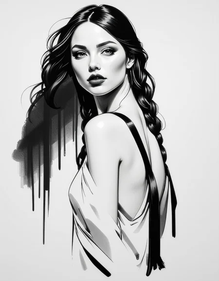 zavy-fnrt , This is a highly detailed, hyper-realistic black and white drawing of a young woman with a striking expression. She has a fair complexion, long, wavy hair styled in two braids that fall over her shoulders, and dark, expressive eyes that gaze directly at the viewer. Her lips are full and painted in a deep, rich shade of red, adding a dramatic contrast to the monochromatic background. She is partially draped in a loose, flowing garment that is rendered with soft, feathery strokes, giving it a delicate, almost ethereal texture. Her physique is slender, and she is posed in a three-quarter view, turning her head slightly to the left. The background is minimalistic and abstract, consisting of soft, smudged lines and gradients that emphasize the subject without distracting from her features. The overall style of the drawing is highly realistic, with meticulous attention to detail in the textures and shadows, creating a sense of depth and realism. The image conveys a sense of intimacy and sensualism. <lora:ck-greasepencil__:1> <lora:Add_More_details_Flux:1>