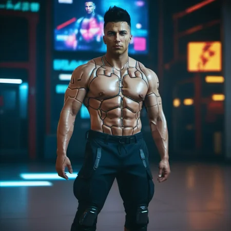DavidMartinez1024, a very muscular man, shirtless, cargo pants, cyberpunk background, highly detailed, photography, ultra sharp, film, bokeh, professional, 64k  <lora:DavidMartinez1024:0.8>