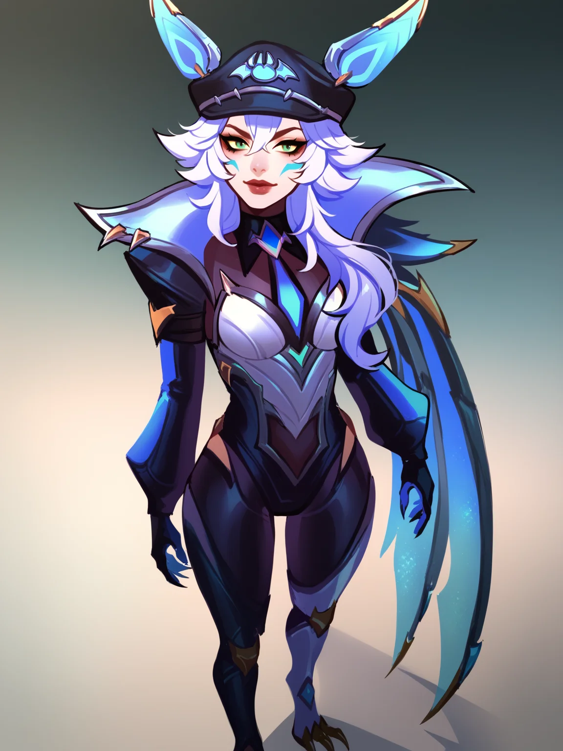 score_9, score_8_up, score_7_up, BREAK, XayahBB, 1girl, solo, long blue hair, black hat, long blue ears, high blue collar, armor, blue cape, black gloves, black and white pants, claws on feet, blue daggers <lora:XayahBB:1>
