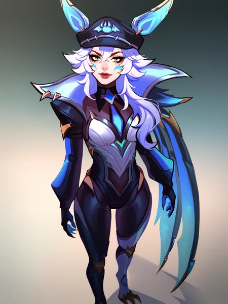 score_9, score_8_up, score_7_up, BREAK, XayahBB, 1girl, solo, long blue hair, black hat, long blue ears, high blue collar, armor, blue cape, black gloves, black and white pants, claws on feet, blue daggers <lora:XayahBB:1>