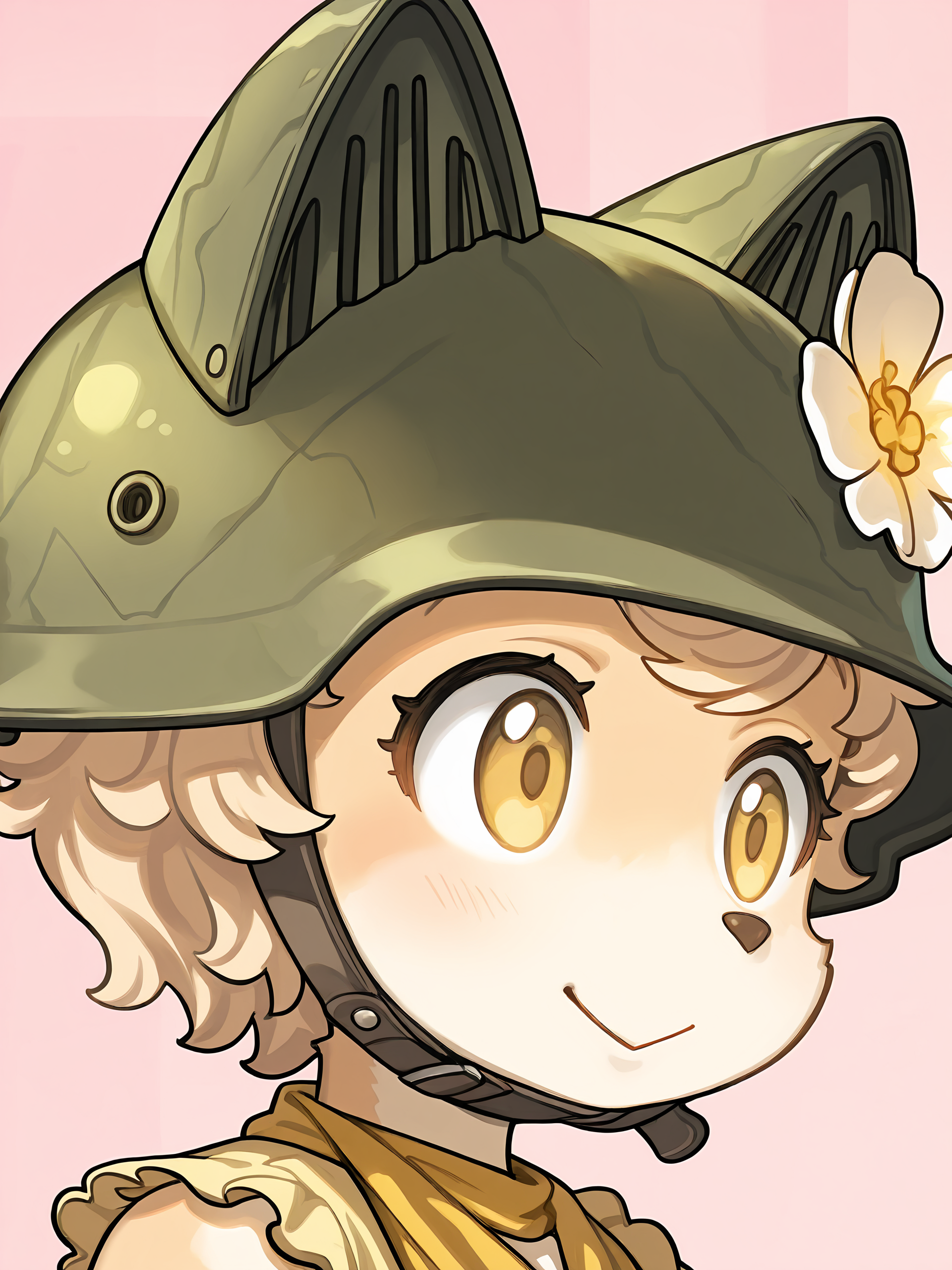 BREAK, <lora:Chick_Montblanc_Illustrious_V1:1>, Chick Montblanc, Fuga: Melodies of Steel, kemono, furry female, 1girl, dog girl, beige fur, white fur, multicolored fur, yellow eyes, blonde hair, short hair, animal ears, dog ears,
BREAK, Fuga 1 Outfit, yellow dress, sleeveless, yellow neckerchief, helmet, flower on helmet,
BREAK, solo, face focus, close-up, :>, happy, looking away, head tilt,