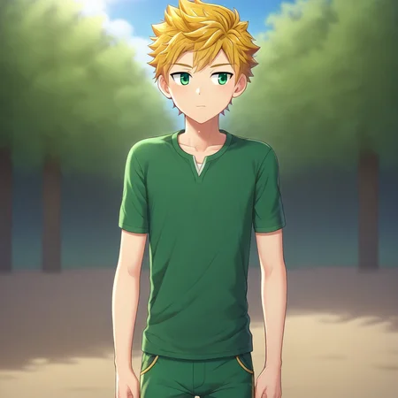 short hair, solo, solo focus, blonde hair, bangs, 1boy, green eyes
