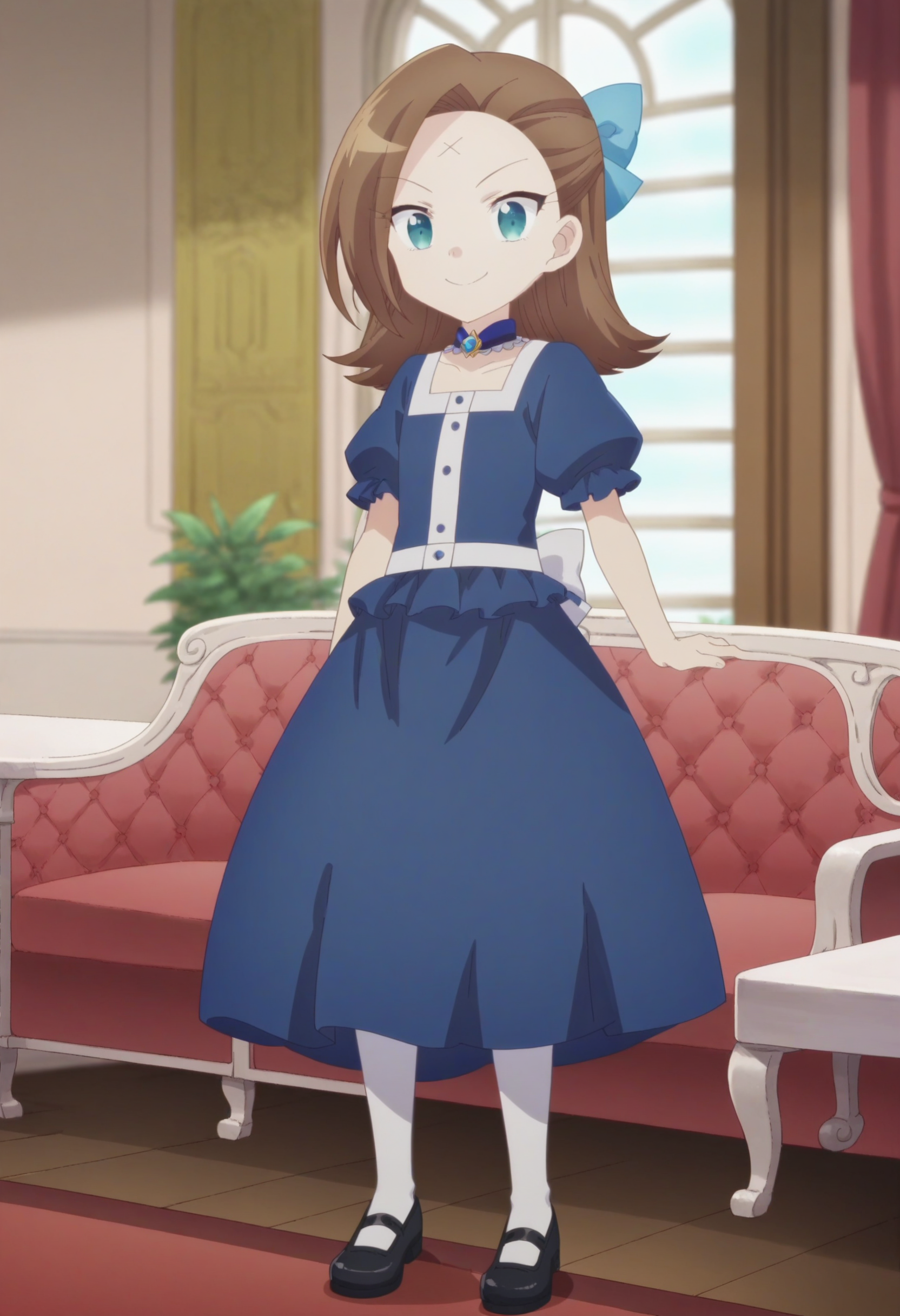 score_9, score_8_up, score_7_up, score_6_up, score_5_up, score_4_up , anime coloring ,BREAK source_anime, anime,screencap,
1girl, solo, katc, forehead mark, blueoutfit, blue dress, blue hair bow, white socks, black mary janes, blue choker, white waist band,  <lora:PonyXL Young Catarina V2:1>
indoors,
smile, looking at viewer,