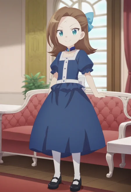 score_9, score_8_up, score_7_up, score_6_up, score_5_up, score_4_up , anime coloring ,BREAK source_anime, anime,screencap,
1girl, solo, katc, forehead mark, blueoutfit, blue dress, blue hair bow, white socks, black mary janes, blue choker, white waist band, <lora:PonyXL Young Catarina V2:1>
indoors,
smile, looking at viewer,