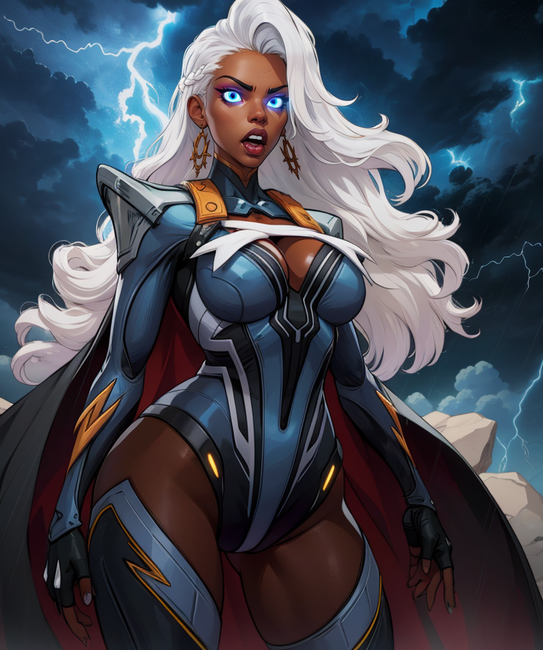 strmmr,blue eyes,white hair,glowing eyes,long hair,
black bodysuit,cape,earrings,cleavage,hips,thighhighs,open mouth,
night,storm,lightning,
(insanely detailed, masterpiece, best quality) solo,<lora:StormMR:0.8>,