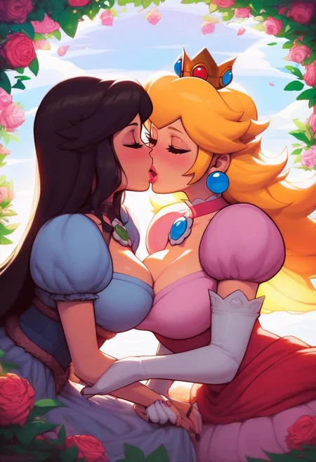 score_9, score_8_up, <lora:mario universe-v6 pdxl:0.8> illustration of Princess Peach and princess daisy kissing, 2 beautiful women, magical, fantasy style, intricate details, masterpiece, best quality, large breasts, cleavage, sexy, yuri, lesbian