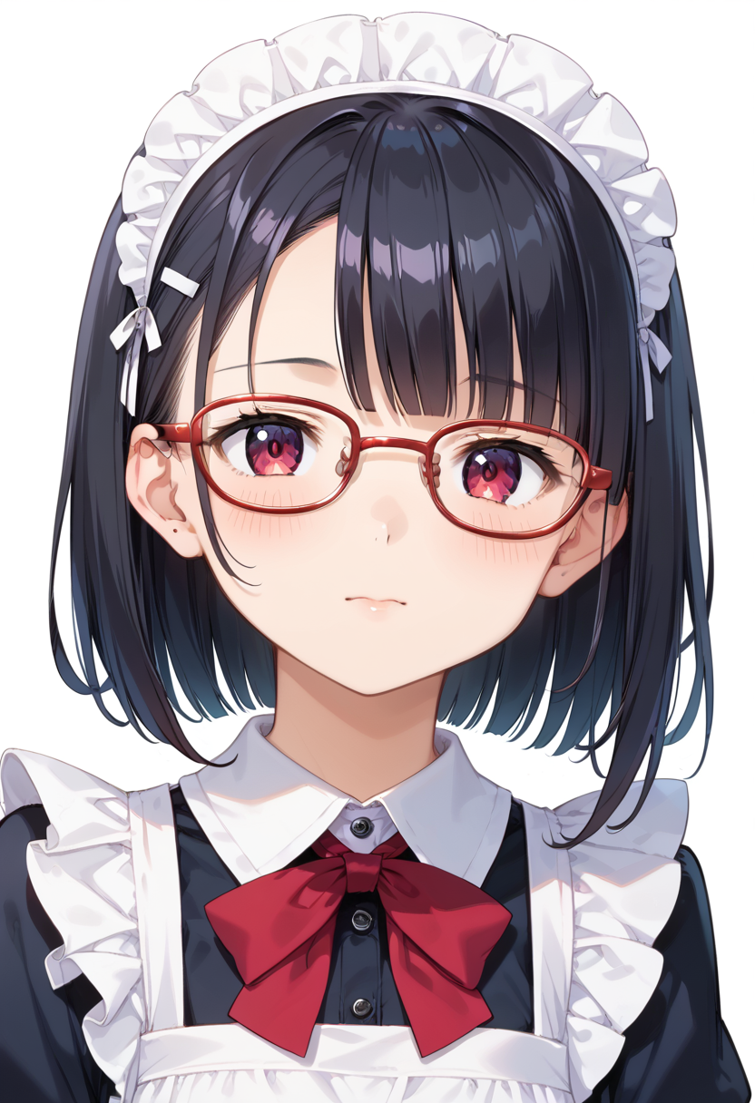 score_9, score_8_up, score_7_up, rating_safe, masterpiece, best quality, absurdres, unity 8k wallpaper, official art, official style, source_anime, uncensored, game cg, megami magazine,
1girl, solo, black hair, medium hair, upper body, covered eyes,maid, maid headdress, black dress, maid apron, face focus,
oval_metal, glasses, still life, white background, simple background, red-framed eyewear,
 <lora:glasses_OvalMetal1_PONY_V1:1>