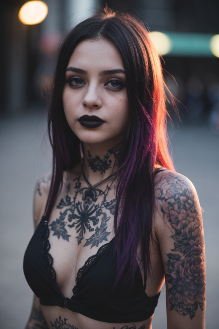 Film still, cinematic, photo of a girl, looking at viewer, band promo, goth girl, detailed skin texture, shot on film, vibrant colors, bokeh, motion blur, detailed eyes, sharp focus, highly detailed, tattoos, neck tattoos