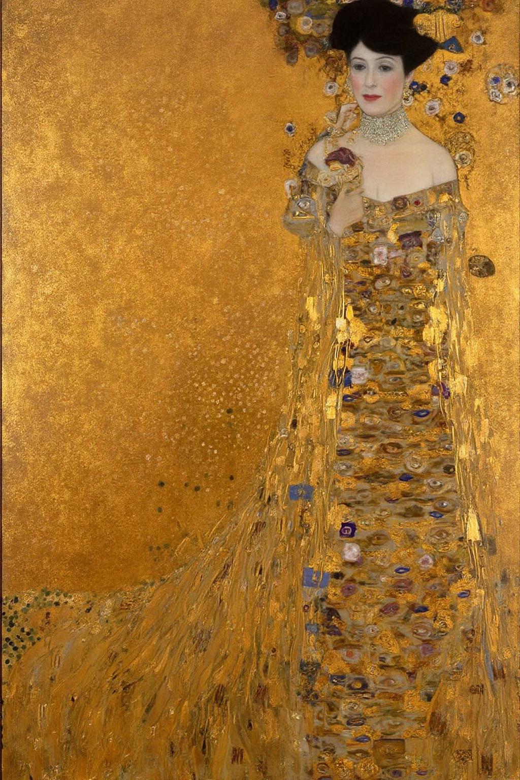 kl1mt painting.
A woman standing in a flowing, elaborate golden dress. She has a serene, contemplative expression, with her dark hair styled in an elegant updo. <lora:kl1mt_cap_d6a3e12:1.0><lora:823303299160864743:0>