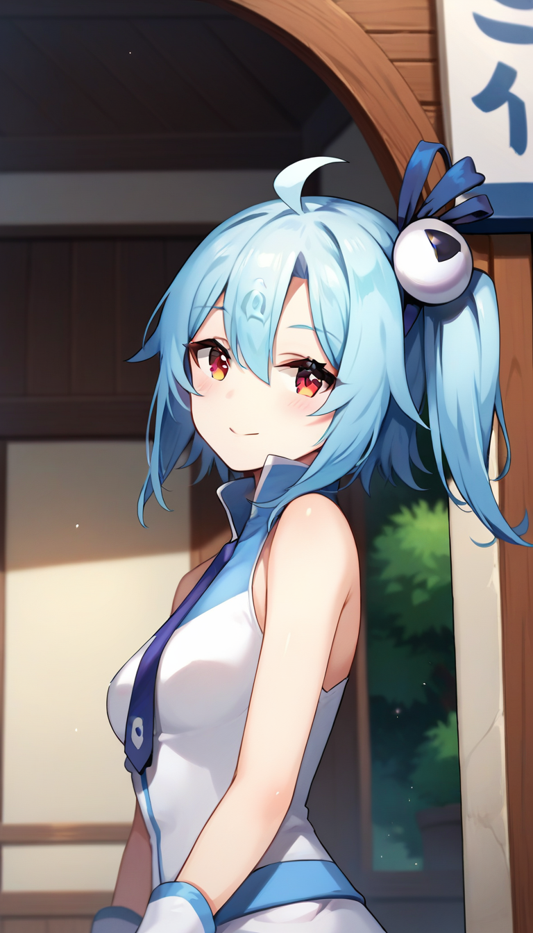 score_9,score_8_up,score_7_up,score_6_up BREAK official art,solo,outdoors,upper body,(portrait:1.5),looking at viewer,facing viewer,smile,blush,33,ahoge,short hair,blue hair,one side up,hair ornament,hair between eyes,parted bangs,red eyes,bare shoulders,sleeveless shirt,white shirt,small breasts,white gloves,white skirt,black pantyhose,boots,high heel boots,<lora:33 Niang(bilibili)-Pony:1.6>,