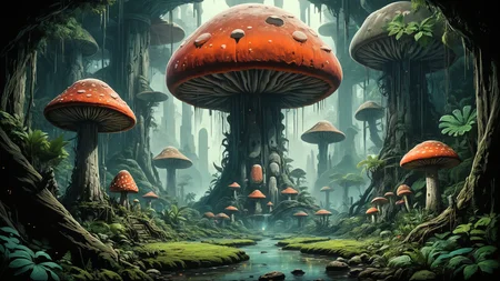alien landscape, Giant mushrooms towering like colossal pillars, Crystal-clear river winding through lush jungle , alien flora, Candlelight, <lora:Ive_Got_The_Power:0.8>, <lora:Graffiti_SDXL:0.5> ais-graffiti, <lora:add-detail-xl:0.4>
