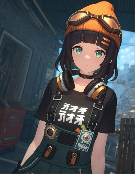 masterpiece, best quality, newest, highres, absurdres, <lora:Z_Style:1>,3d,1girl, goggles, black hair, headphones, solo, headphones around neck, hat, shirt, hair ornament, beanie, green eyes, looking at viewer, black shirt, bangs, hairclip, badge, short sleeves, choker, short hair, blunt bangs,depth of field, scenery, detailed background,light rays, dutch angle,