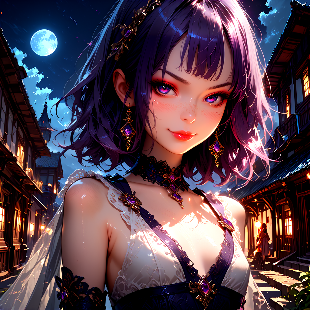 <lora:Fjola-000007:0.5>, Fjola, purple hair, purple eyes, facing viewer, small breasts, gloves, boots, closed mouth smirk,
outside, on the top of a building at night, 
1 girl, cute, (petite), (red lips:0.8), sultry look, seductive,
(Full body shot:0.7),
<lora:detailed_notrigger:1>,
PonyScores7,
<lora:MythP0rtr4itStyle:0.4> mythp0rt,
epic beautiful lighting, god rays, moonlight beams, volumetric lighting, rim lighting, nighttime scene, blue moon,
masterpiece, beautiful and detailed brightness, (goosebumps:0.5), subsurface scattering, ultra realistic, textured skin, visible skin detail, skin fuzz