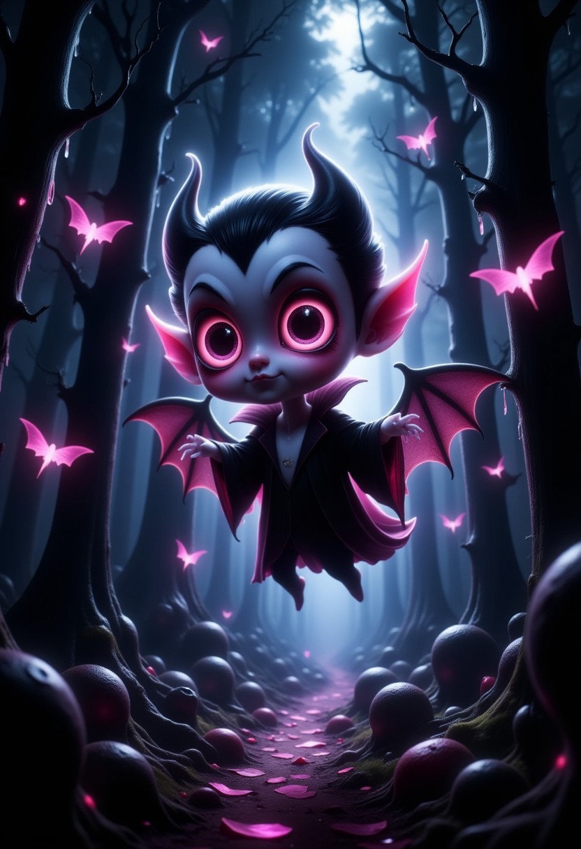cute chibi vampire with huge eyes flyling through a dark forrest