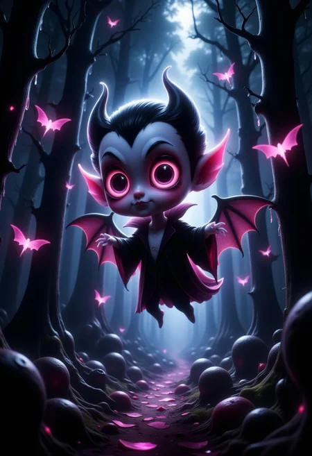 cute chibi vampire with huge eyes flyling through a dark forrest