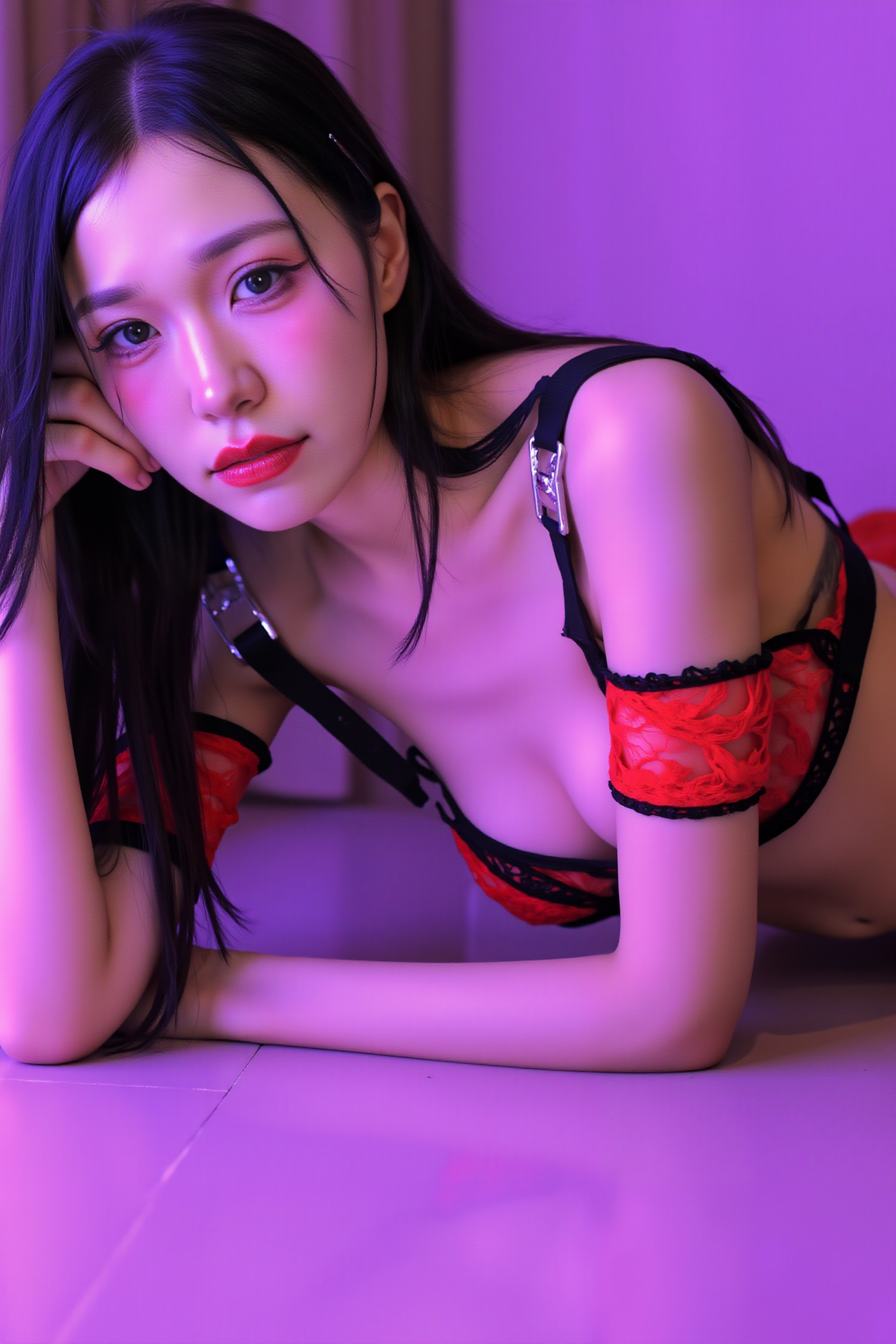 High-resolution professional portrait of a young woman lying gracefully on her side on the floor, elbow gently supporting her head. Her legs are slightly bent, emphasizing natural curves. Her gaze is soft yet direct, engaging comfortably with the camera, with gentle lighting capturing her natural beauty.

She is wearing SGWN21Clothing, red and black strappy bra and matching thong panties. Her makeup is dramatic, with dark eyeliner and bold, glossy pink lips. 

The lighting features a high-contrast, monochromatic white color scheme that creates a moody, intimate atmosphere. 

The photography technique uses what appears to be soft lighting to create a glamorous effect, with careful attention to highlighting contours while maintaining the dominant light purple color scheme throughout the frame.

The overall aesthetic combines elements of fashion photography, traditional Asian visual motifs, and contemporary boudoir styling. The dramatic light purple lighting creates a cohesive visual theme that ties all elements of the composition together.

The white light emit on her to show her feature.