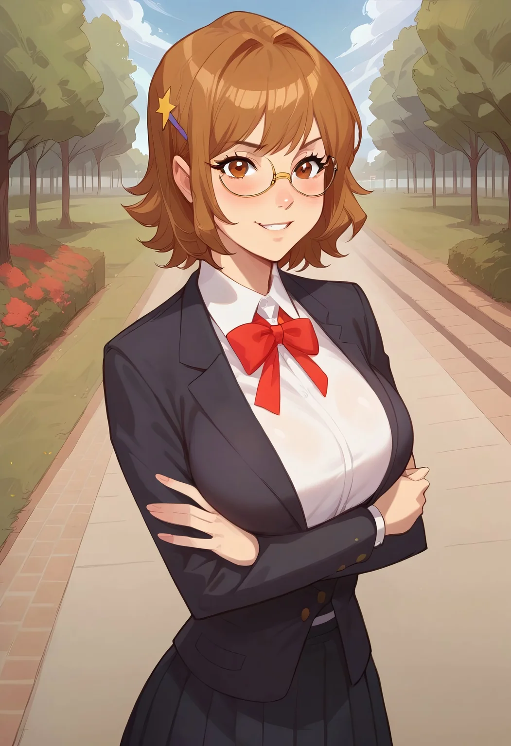 safe_pos, Score_9_up, score_8_up, score_7_up, score_6_up, BREAK, Expressiveh, dynamic angle, high quality, 1girl, solo, kaedekojd, brown hair, glasses, hair ornament, brown eyes, school uniform, red bowtie, large breasts, arms crossed, looking at viewer, blushing, smirk, park, trees, detailed scenery