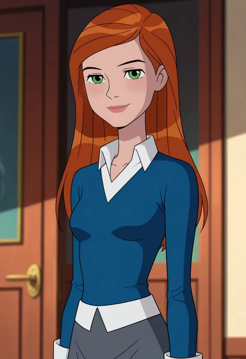 gwen_af, 1girl, solo, green eyes, long hair, orange hair, skirt, parody, style parody, blue shirt and white outfit,official outfit,long sleeves,upper body,smile,masterpiece,best quality,closed mouth,lipstick,cinematic, intricately detailed illustration, depth of field, masterpiece, best quality, amazing quality, very aesthetic, absurdres, newest