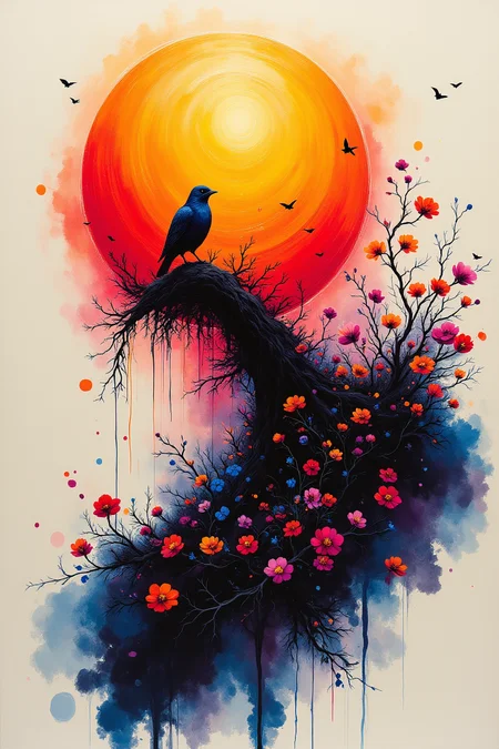 Very beautiful and elegant bird at sunset, masterpiece, logo aesthetics, minimalist illustration, ink art.,aidmafluxpro1.1,velvet_myst