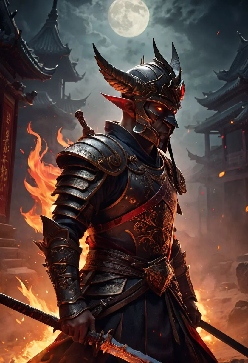 4k, high resolution, best quality, perfect colors, perfect shadows, perfect lighting, final showdown super illustration extremely detail, story of the brave, dark sky, false glory, supernatural existence, even if all hope is lost, seek more power, stepping on countless corpses and shouldering the burden of guilt, darkness of night fall, demon inside, all range, blood burning, blood moon, moonlight signpost with run through, wipe away the pain and sadness, until we tear apart the darkness and bring light, stir up blood, to weave hope, determined eyes, scary old face, stunning elaborate wand, following the scars, firelight scattered, in light and shadow, beautiful detail, heat haze in light and shadow, fiery, fire blazed on the ground, shed tears of fate, bloody road, fleeting prayer that scatters, until the afterlife, feel the last time, heartbeat double exposure, an impending strong enemy, goblin, hairless, wearing a crown, wearing samurai armor, oil painting, fantasy, digital art, highly detailed, overall detail, atmospheric lighting, Awash in a haze of light leaks reminiscent of film photography,  awesome background, highly detailed styling, intricate details, highly detailed, cinematic, Chinese kingdom