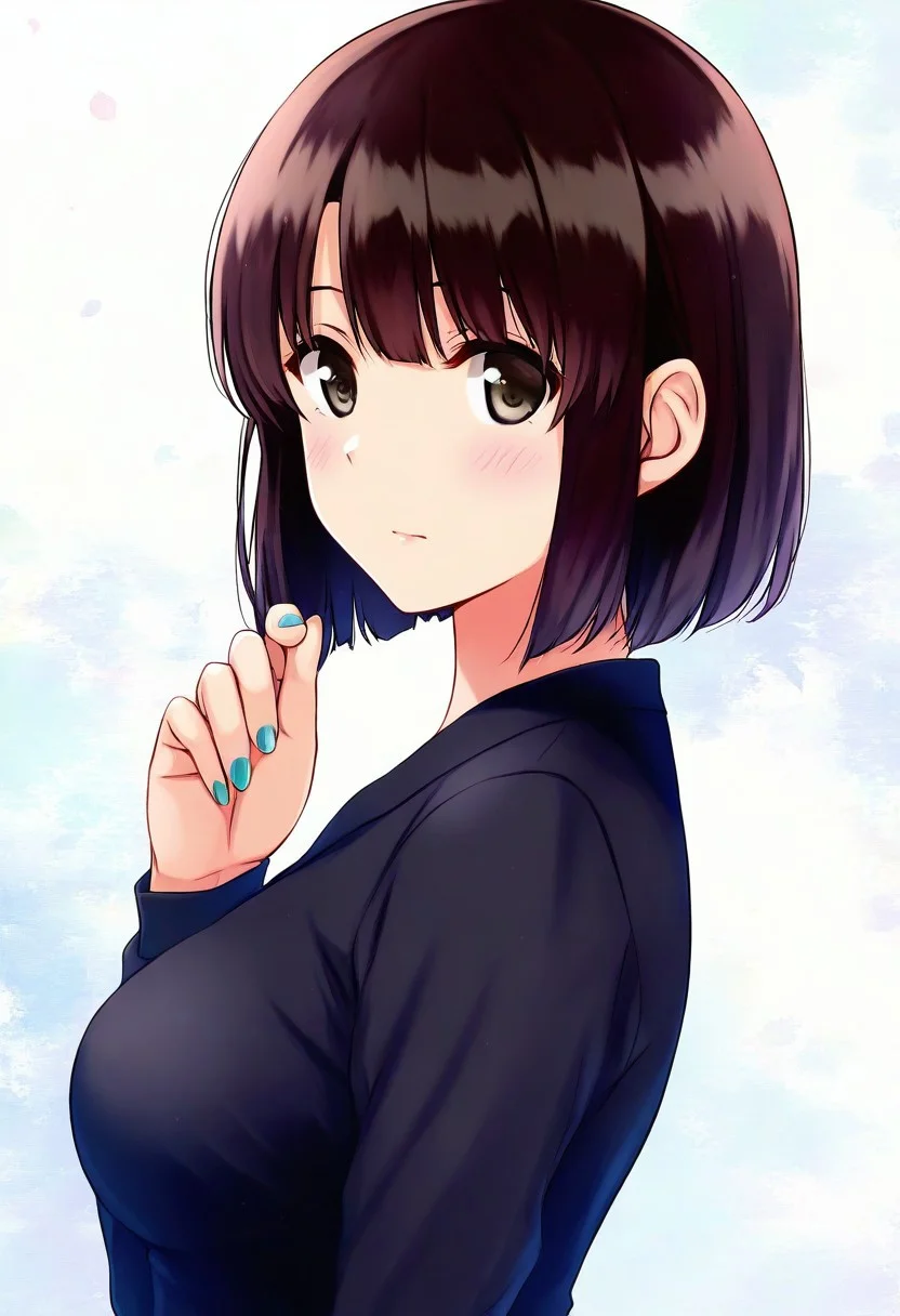 1girl, katou megumi, megumi katou, Megumi <lora:KatoMegumi:1>,brown hair,katou megumi,brown eyes, medium breasts , short hair, masterpiece, best quality,solo,looking at viewer,nail polish,upper body,aqua nails,abstract background,long sleeves,green nails,from side,shirt,closed mouth,hand up,<lora:焦茶_XL:0.8>,