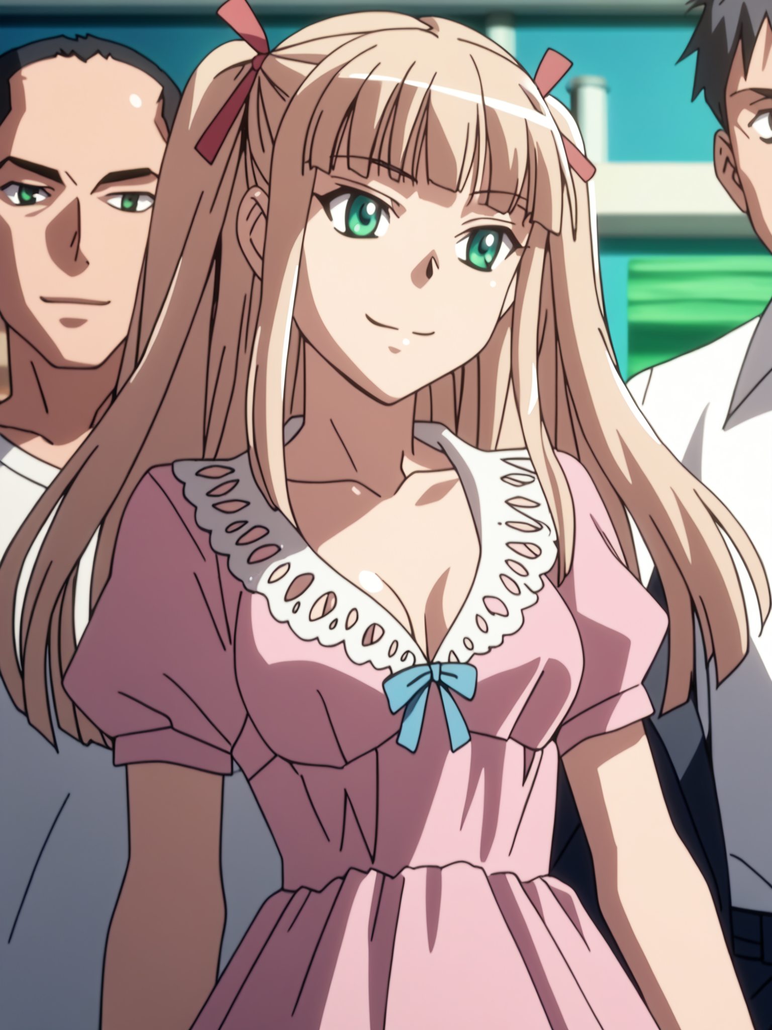 <lora:happy_tentacle-katakura-v0.2-000021:1>, ht_katakura, two side up, hair ribbon, green eyes, medium breasts, pink dress, collared dress, lace-trimmed collar, , cowboy shot, 1girl, (petite:1.2), solo focus, smile, , (looking away:1.1), indoors, underwear only, (fishnets:1.2) , , (depth of field:0.8), , score_9, score_8_up, score_7_up, score_6_up, score_5_up, score_4_up,