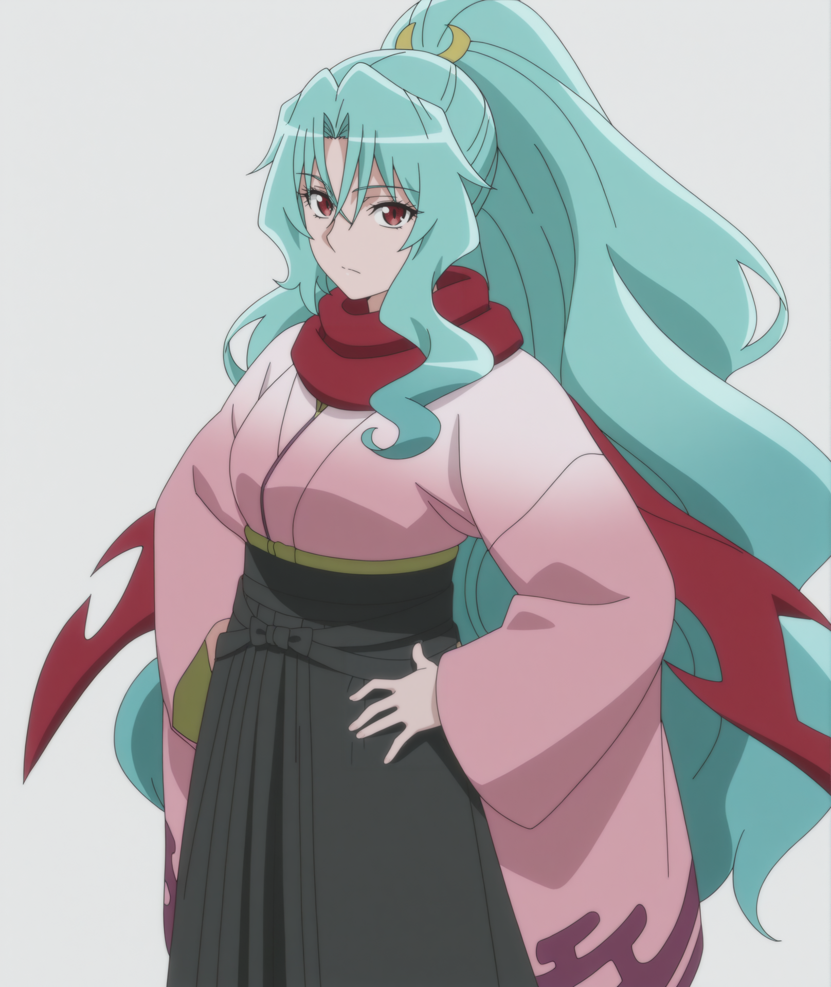 official art, absurdres, highres, anime coloring, hi res, best quality, masterpiece, 2d, intricate details, 4k,
1girl, solo, female, eyelashes, nose, long hair, red eyes, very long hair, blue hair, ponytail, aqua hair, 
long sleeves, skirt, japanese clothes, wide sleeves, kimono, scarf, hakama, hakama skirt, red scarf, black hakama,
cowboy shot, looking at viewer, hands on own hips, 
depth of field, white background, <lora:Tomoe_(Character)_ILXL:1>, tomoe \(tsuki ga michibiku isekai douchuu\), tsuki ga michibiku isekai douchuu,
