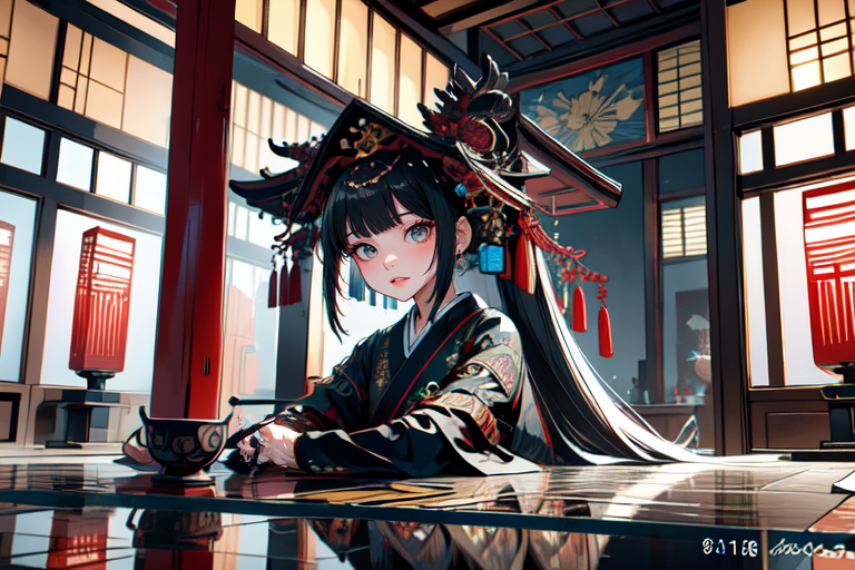 highly insanely detailed, masterpiece, top quality, best quality, highres, 4k, 8k, RAW photo, (very aesthetic, beautiful and aesthetic),  
(code_style,codestyle),english text,japanese text,(sympattern,geometric pattern), 
<lora:CodeStyle (half generic class)_564920:0.5>, 
(1girl:1.3), 1other, 
east_asian_architecture,east asian architecture,âââ