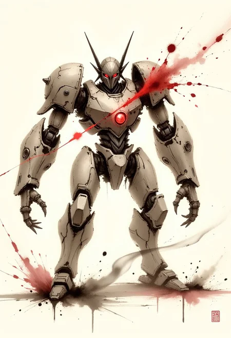 traditional japanese art style, ink on paper, wabi-sabi, henna and carmine, sepia, BREAK, image of battle-damaged robot, minimal brush strokes, Inkwashara