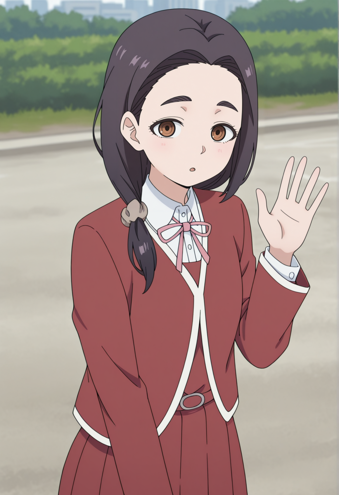 1girl, black hair, brown eyes, thick eyebrows, long hair, low ponytail, scrunchie, school uniform, waving, outdoors, looking at viewer,  <lora:Mari_otome_kai:1>, masterpiece, best quality, amazing quality, very aesthetic, absurdres, highres, newest