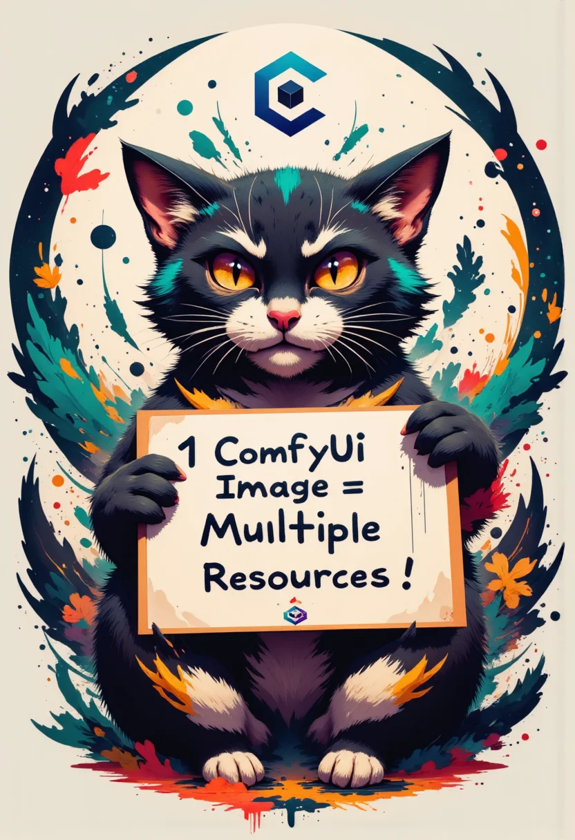 high quality, ultra detailed, colorful, abstract, fantasy. Cat with a fierce look, holding a sign written "1 ComfyUI Image = Multiple Civitai Ressources!". Civitai logo stamped on sign., bo-abstract, aidmainkstyle, civitaiLogo<lora:FLUX\aidmaInkStyle-FLUX-V0.1.safetensors:0.8:0.8> <lora:FLUX\boFLUX AbstractMorph.safetensors:0.8:0.8> <lora:FLUX\civitaiLogoFlux.safetensors:0.7000000000000001:0.7000000000000001> <lora:FLUX\Enhancer\FluxDFaeTasticDetails.safetensors:0.6:0.6>