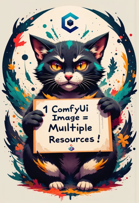 high quality, ultra detailed, colorful, abstract, fantasy. Cat with a fierce look, holding a sign written "1 ComfyUI Image = Multiple Civitai Ressources!". Civitai logo stamped on sign., bo-abstract, aidmainkstyle, civitaiLogo<lora:FLUX\aidmaInkStyle-FLUX-V0.1.safetensors:0.8:0.8> <lora:FLUX\boFLUX AbstractMorph.safetensors:0.8:0.8> <lora:FLUX\civitaiLogoFlux.safetensors:0.7000000000000001:0.7000000000000001> <lora:FLUX\Enhancer\FluxDFaeTasticDetails.safetensors:0.6:0.6>