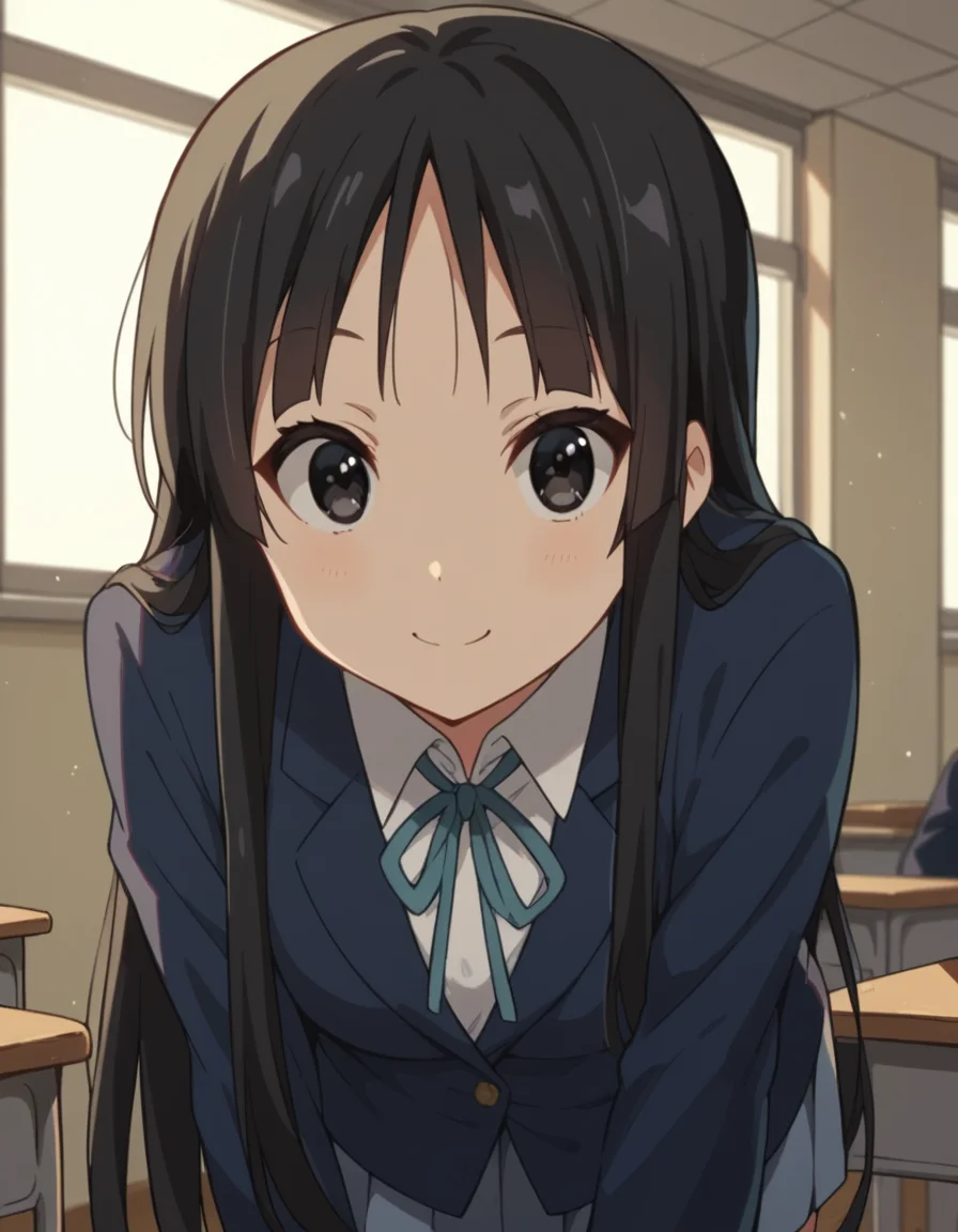 score_9, score_8_up, score_7_up, source_anime,
mioakiyama, <lora:mio-akiyama-s2-ponyxl-lora-nochekaiser:1>,
mio akiyama, long hair, bangs, black hair, black eyes, hime cut,
sakuragaoka high school uniform, school uniform, uniform, blazer, shirt, white shirt, collared shirt, skirt, pleated skirt,
indoors, classroom, bent over, smile,
looking at viewer, cowboy shot, dutch angle, solo,