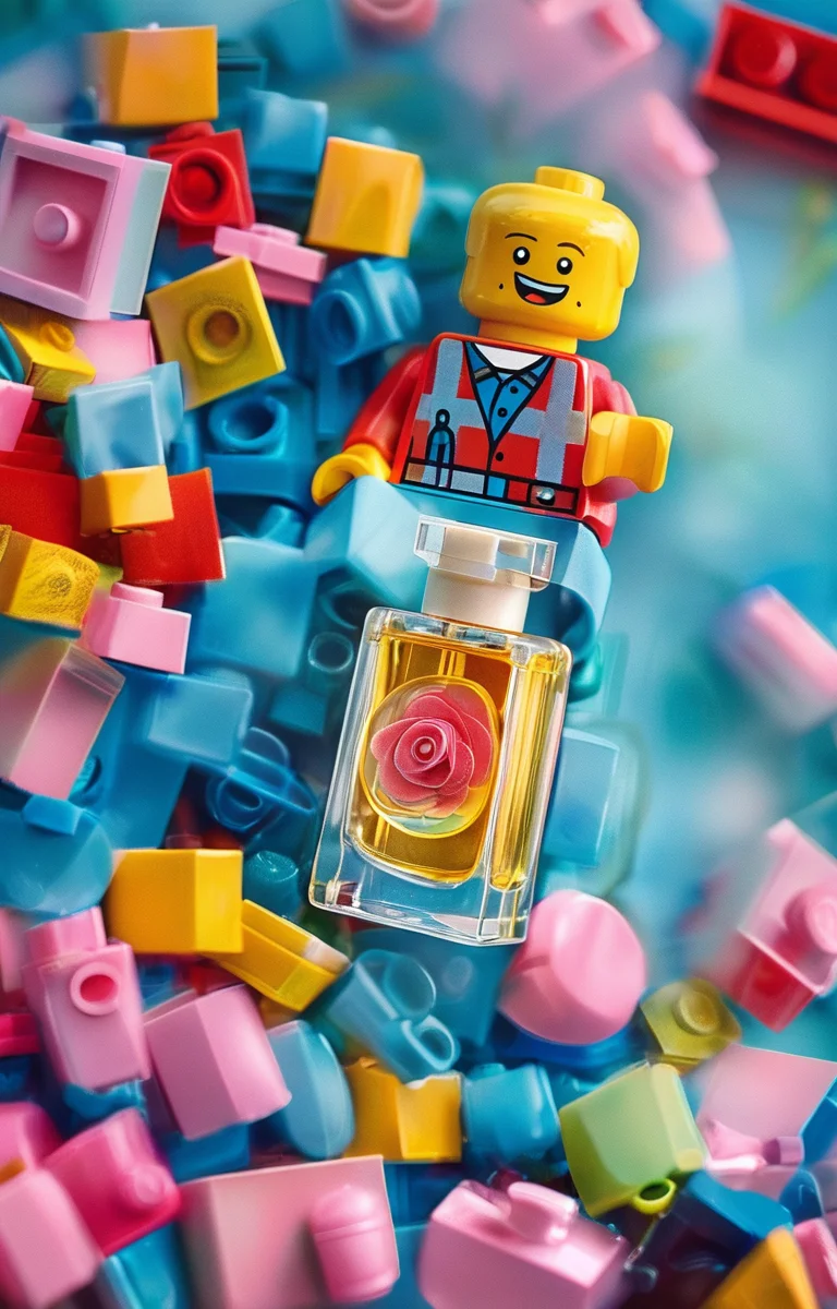 masterpiece,best quality,<lora:tbh246-sdxl:0.9>,illustration,style of lego, A bottle of perfume in garden
