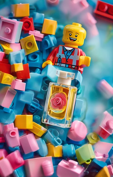 masterpiece,best quality,<lora:tbh246-sdxl:0.9>,illustration,style of lego, A bottle of perfume in garden