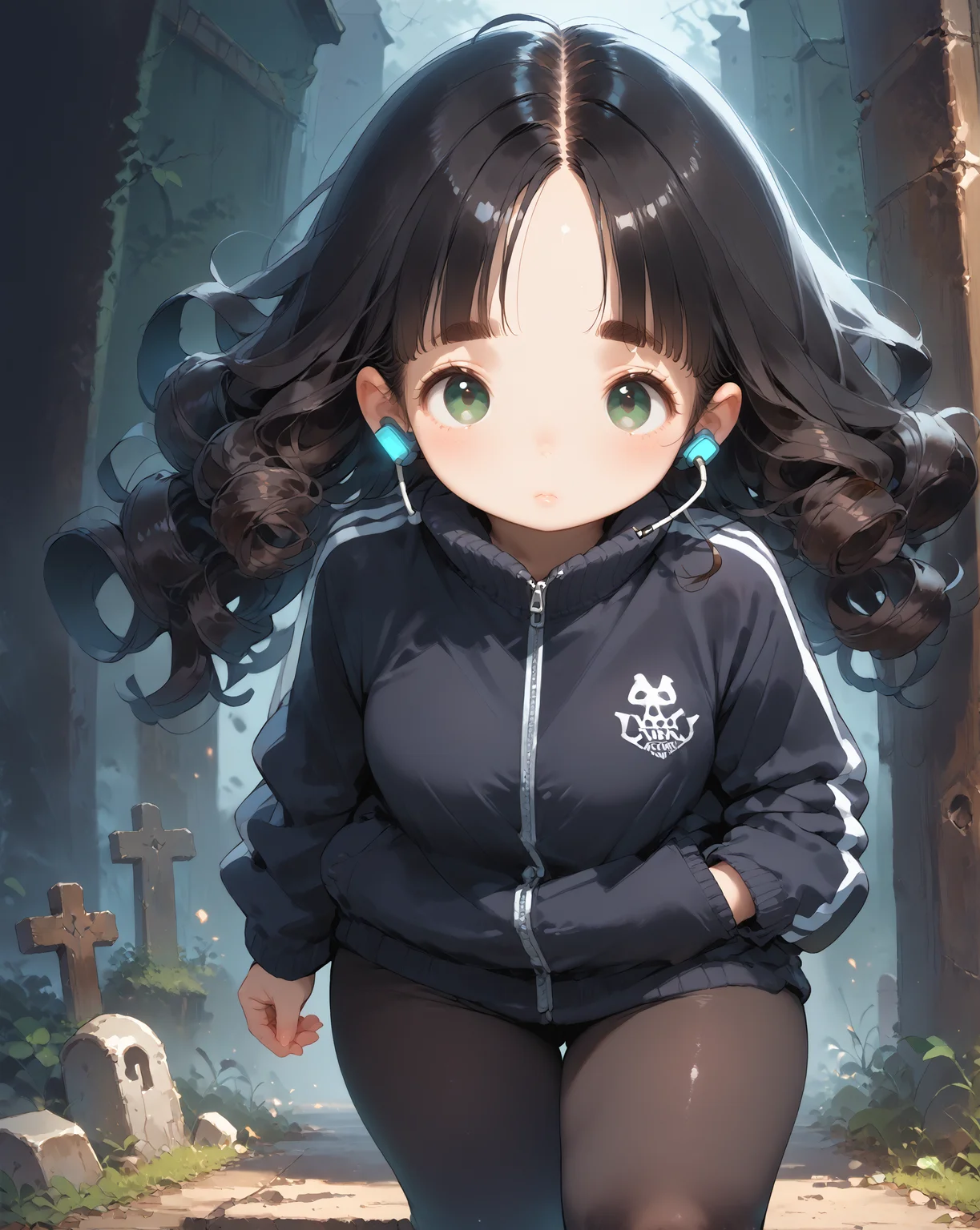 score_9, score_8_up, score_7_up, score_6_up, source_anime, rating_safe, ah1, 1girl, (curly hair), long hair, (black hair), mature female, (parted hair:1.7), (round face), (no_bangs:1.3), (no_fringe:1.6), looking at viewer, (thick eyebrows), (curvy), round-chin, (greenish hazel eyes), caucasian, (downturned eyes), <lora:ETO_OCPonyXL:0.5> eto_oc, skindentation, plump, thick thighs, wide hips, busty, voluptuous, kinky curls, lips, bad-hands-5, (alien language interpreter, wearing a headset with translation software and a holographic dictionary), (chestnut Lightweight track jacket and running tights with a zippered back pocket), (in A foggy graveyard with eerie gravestones and moss-covered tombstones), ((Playful expression)), <lora:venus body PonyXL:0.8>, <lora:xl_more_art-full_v1:0.4>, <lora:shinyskin2:0.3> glistening skin, <lora:aesthetic_anime_v1s:0.4>, <lora:Expressive_H:0.4> Expressiveh, <lora:hairdetailpxl:0.4> hairdetailpxl, <lora:EpicF4nta5yXL:0.4>, <lora:detailxl:0.4> detailxl, <lora:Fant5yP0ny:0.4>, best quality, amazing quality, best aesthetic, absurdres, <lora:expressive eyes:0.4> expressive eyes, (Dutch Angle view medium Close shot (focus on head)), <lora:eyedetailpxl:0.4> eyedetailpxl,