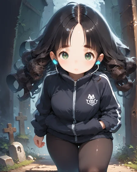 score_9, score_8_up, score_7_up, score_6_up, source_anime, rating_safe, ah1, 1girl, (curly hair), long hair, (black hair), mature female, (parted hair:1.7), (round face), (no_bangs:1.3), (no_fringe:1.6), looking at viewer, (thick eyebrows), (curvy), round-chin, (greenish hazel eyes), caucasian, (downturned eyes), <lora:ETO_OCPonyXL:0.5> eto_oc, skindentation, plump, thick thighs, wide hips, busty, voluptuous, kinky curls, lips, bad-hands-5, (alien language interpreter, wearing a headset with translation software and a holographic dictionary), (chestnut Lightweight track jacket and running tights with a zippered back pocket), (in A foggy graveyard with eerie gravestones and moss-covered tombstones), ((Playful expression)), <lora:venus body PonyXL:0.8>, <lora:xl_more_art-full_v1:0.4>, <lora:shinyskin2:0.3> glistening skin, <lora:aesthetic_anime_v1s:0.4>, <lora:Expressive_H:0.4> Expressiveh, <lora:hairdetailpxl:0.4> hairdetailpxl, <lora:EpicF4nta5yXL:0.4>, <lora:detailxl:0.4> detailxl, <lora:Fant5yP0ny:0.4>, best quality, amazing quality, best aesthetic, absurdres, <lora:expressive eyes:0.4> expressive eyes, (Dutch Angle view medium Close shot (focus on head)), <lora:eyedetailpxl:0.4> eyedetailpxl,