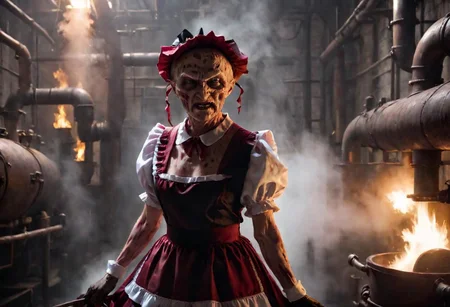 4k, Cinematic style of (Freddy Krueger:1) wearing (maid costume:1.2), holding a skull, old boiler room, old pipes leaking steam, old cellar. god rays, Shallow depth of field, vignette, highly detailed, high res, high budget, bokeh, Cinemascope, moody, epic, gorgeous