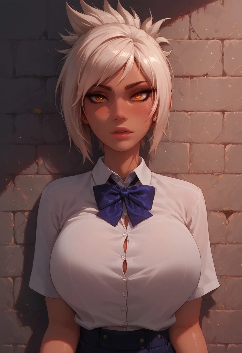 masterpiece,best quality, highly detailed, score_9, score_8_up, score_7_up, score_6_up,source_anime, perfect eyes, 1girl, Riven, tan, school outfit, big breasts, blush, shiny skin, short hair, leaning against wall, close-up, portrait, looking at viewer
