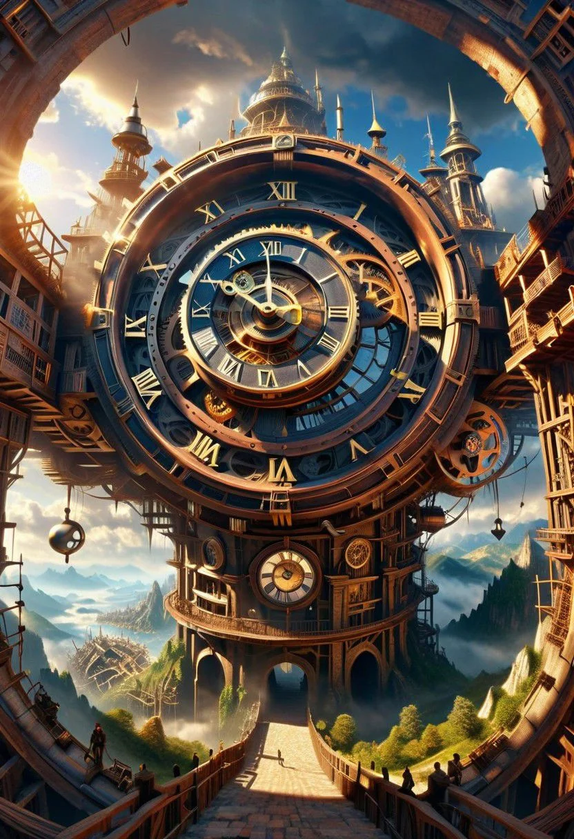 A colossal clockwork city is under construction, giant tower clocks, antique watch dials ,Elaborate steampunk structures intertwine with organic elements, tiny silhouettes from people showing how big this construction isBy Hans-Werner Sahm and Marc Adamus. 64K, UHD, HDR, octane render, depth by atmosphere, dynamic lighting.