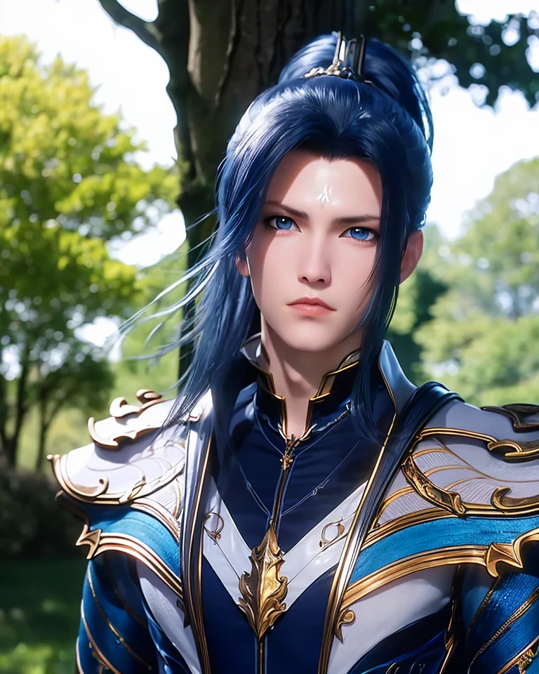 1boy, 1boy, armor, black hair, blue eyes, blurry, blurry background, closed mouth, depth of field, long hair, looking at viewer, male focus, outdoors, ponytail, solo, tree, upper body