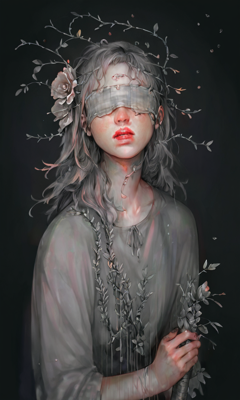 score_9, score_8_up, score_7_up, score_6_up, score_5_up, score_4_up, xhxix style, 1girl, solo, long hair, holding, monochrome, upper body, weapon, flower, greyscale, parted lips, sword, hair flower, fingernails, rose, plant, black background, blindfold, vines